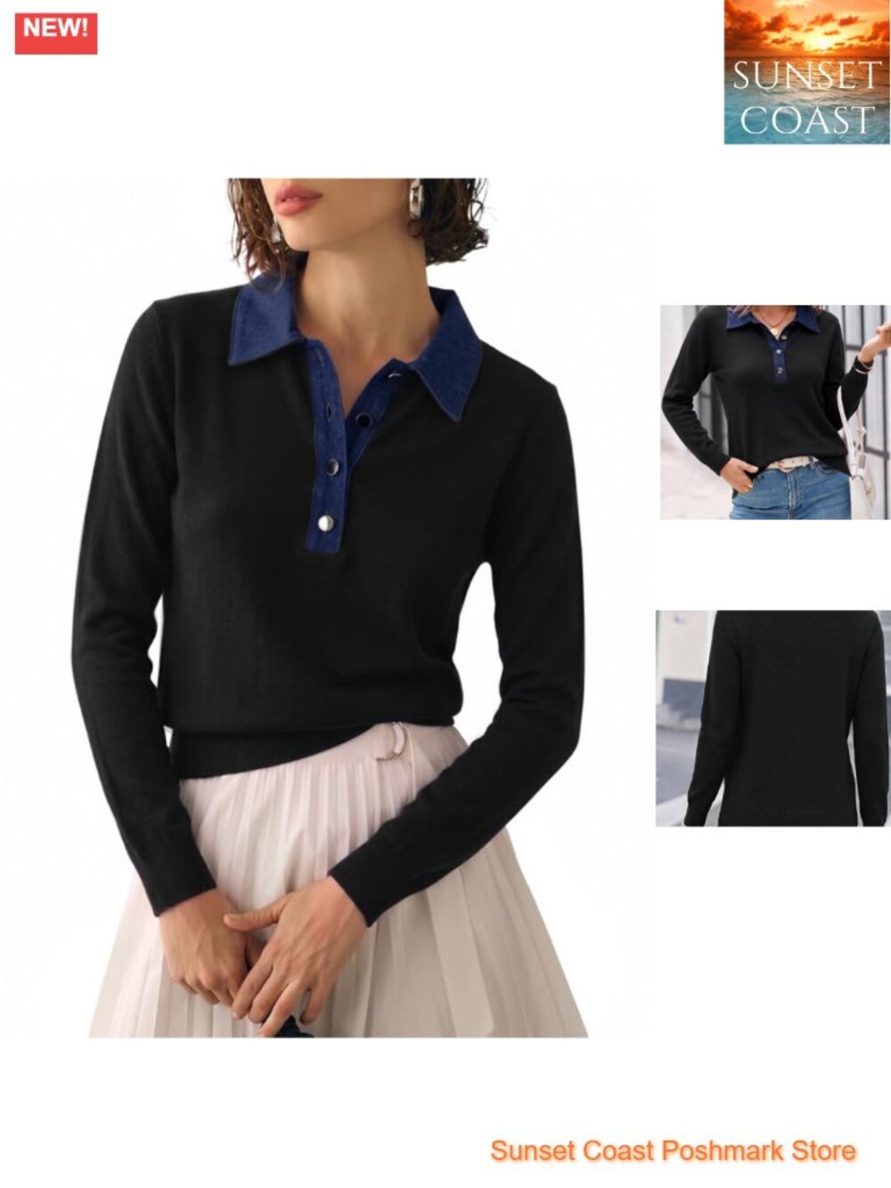 V-Neck Button Down Knit Pullover Sweater with Denim Collar